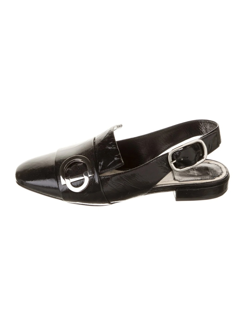 CHRISTIAN DIOR Black Patent Slingback Loafer with Silver Buckle, Size 38